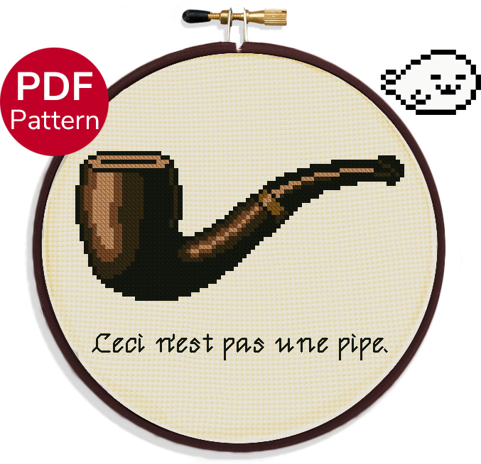 cross stitch pattern of a smoking pipe from the painting 'treachery of images' from Magritte, it has the quote "ceci n'est pas une pipe." which translates to 'this is not a pipe'