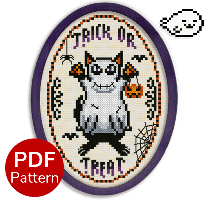 cross stitch pattern of a cat dressed as a ghost for Halloween with the text "Trick or Treat" around it