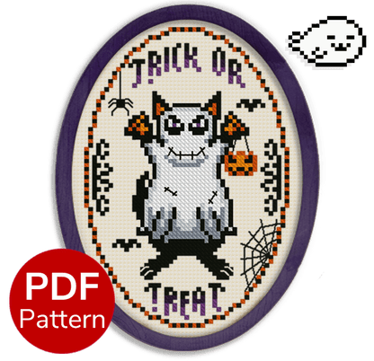 cross stitch pattern of a cat dressed as a ghost for Halloween with the text "Trick or Treat" around it