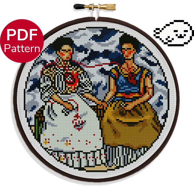 cross stitch pattern of the painting 'the two fridas' from frida kahlo