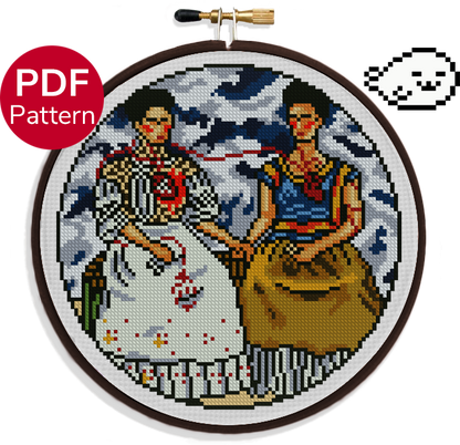 cross stitch pattern of the painting 'the two fridas' from frida kahlo