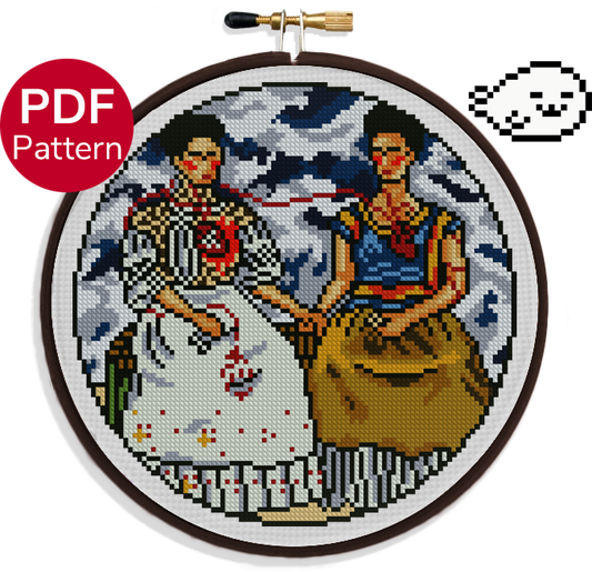 cross stitch pattern of the painting 'the two fridas' from frida kahlo