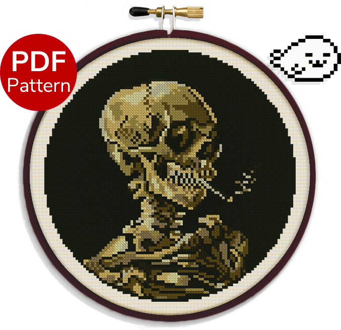 cross stitch pattern of the skeleton with a burning cigarette painting from van gogh