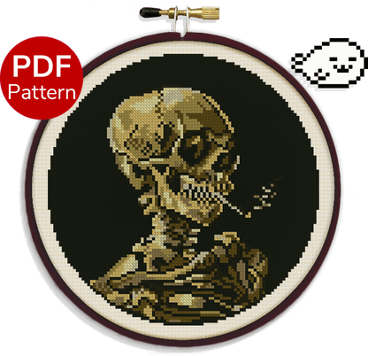 cross stitch pattern of the skeleton with a burning cigarette painting from van gogh