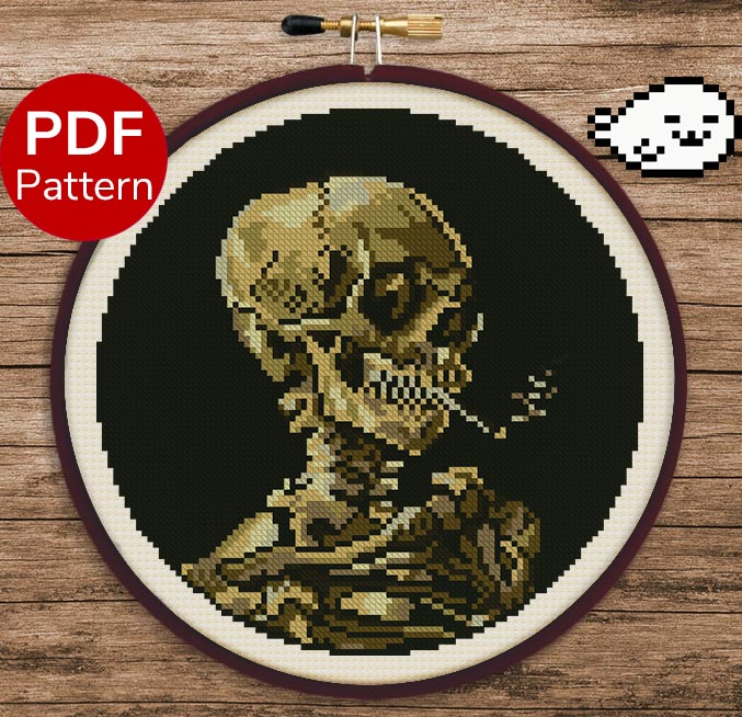 cigarette cross stitch Skull of a Skeleton with Burning Cigarette Round - Van Gogh cigarette cross stitch Skull of a Skeleton with Burning Cigarette Round - Van Gogh