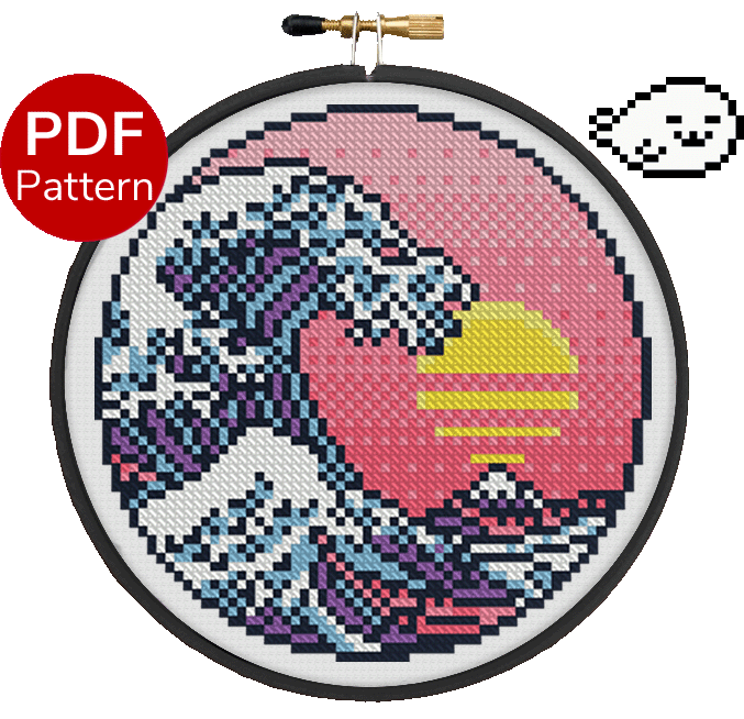 cross stitch pattern of a vaporwave version of the great wave off kanagawa 