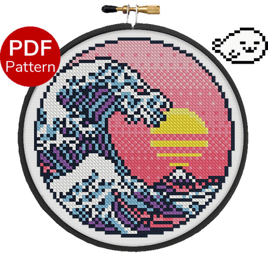 cross stitch pattern of a vaporwave version of the great wave off kanagawa 