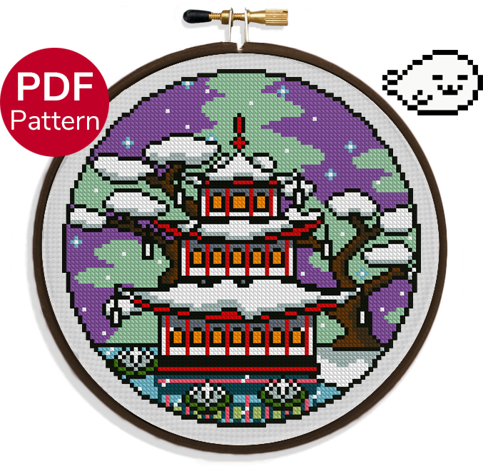 cross stitch pattern of a pagoda with snow covered roofing during the season of winter