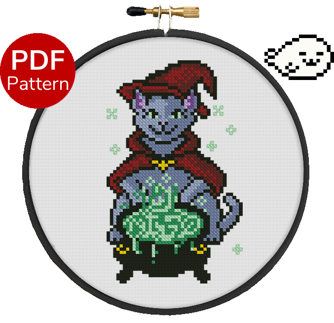 cross stitch pattern of a cat dressed as a witch caring for a cauldron