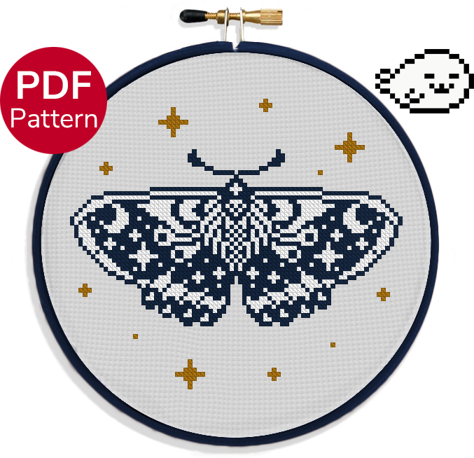 cross stitch pattern of a black and white moth with stars and moon patterns on its wings